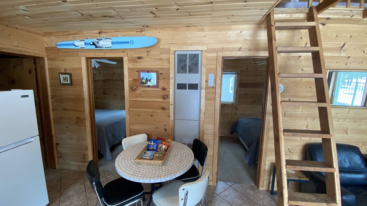 Beulah Cabin | 2 BR Crystal Lake cabin. Private beach, easy Ice Fishing Near Crystal Mtn
