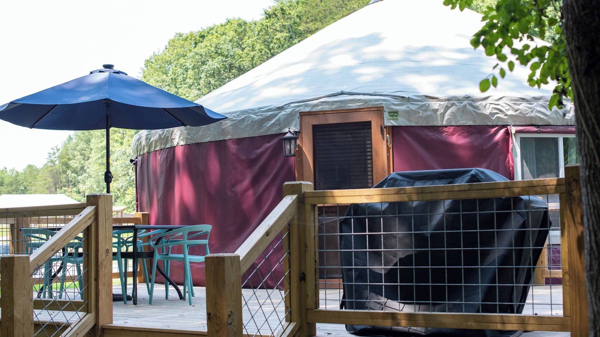Mill Spring House | 30' Yurt with a large deck, on the creek, full kitchen, dome skylight, 2 bedrooms, sleeps 5.