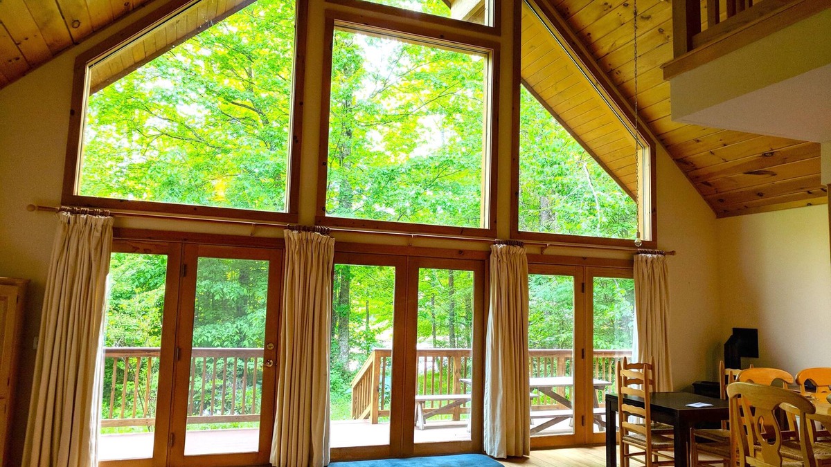 Cummington House | 3BR Riverfront Log Home with Steam Sauna, Soaring Glass Wall & Private Forest