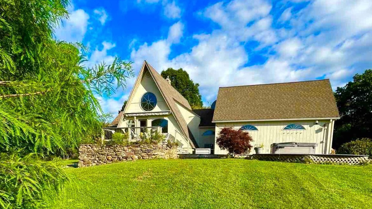 Pine Creek Cottage | A-Frame Cottage with Creek, Barn, Game Room, Fire Pit, Hot Tub, Sleeps 10