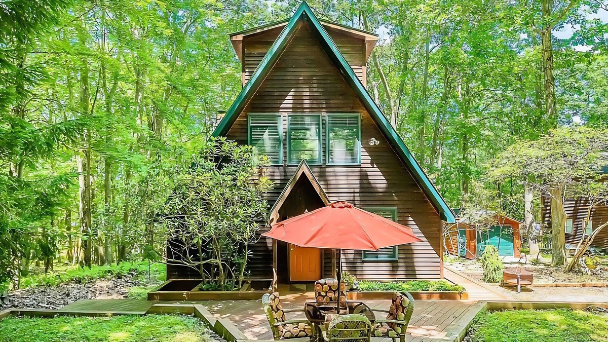 Sky Valley House | A-frame home in Swanton with firepit, private hot tub, & deck