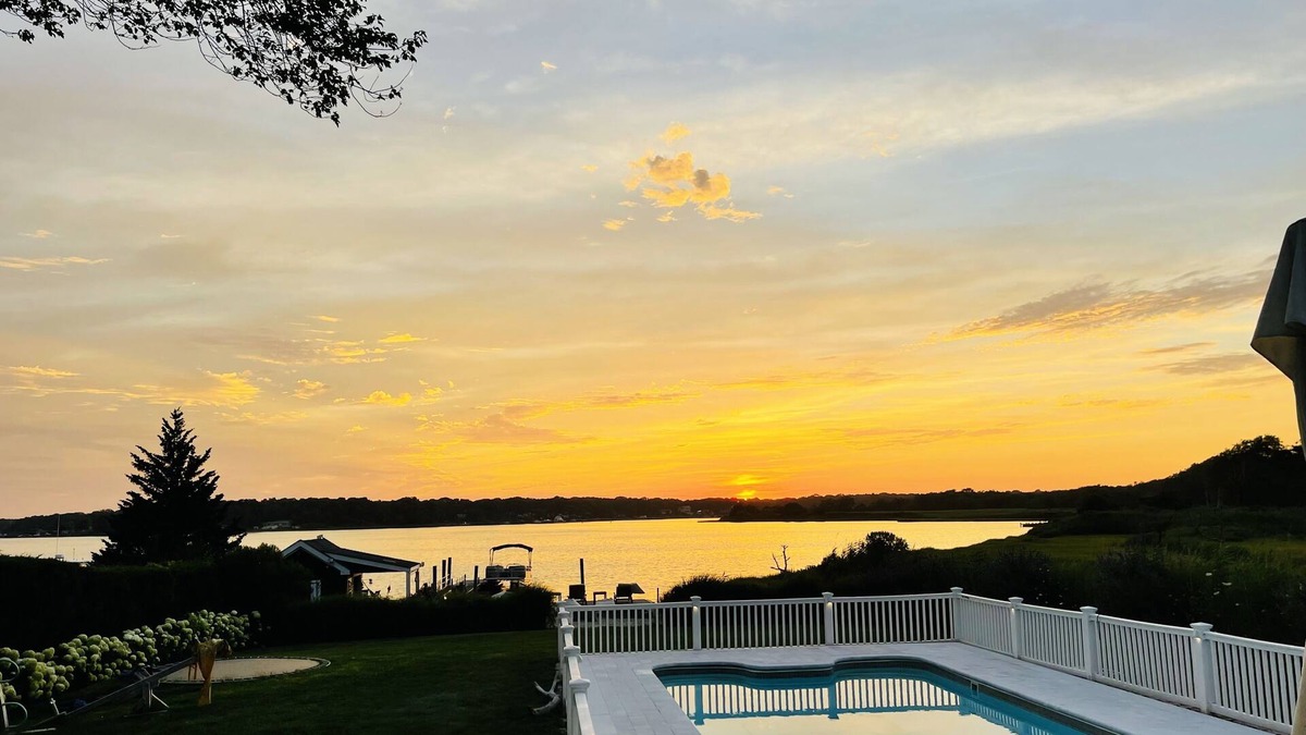 Center Moriches House | Bay front Hamptons home with direct sunsets and private dock with pontoon boat