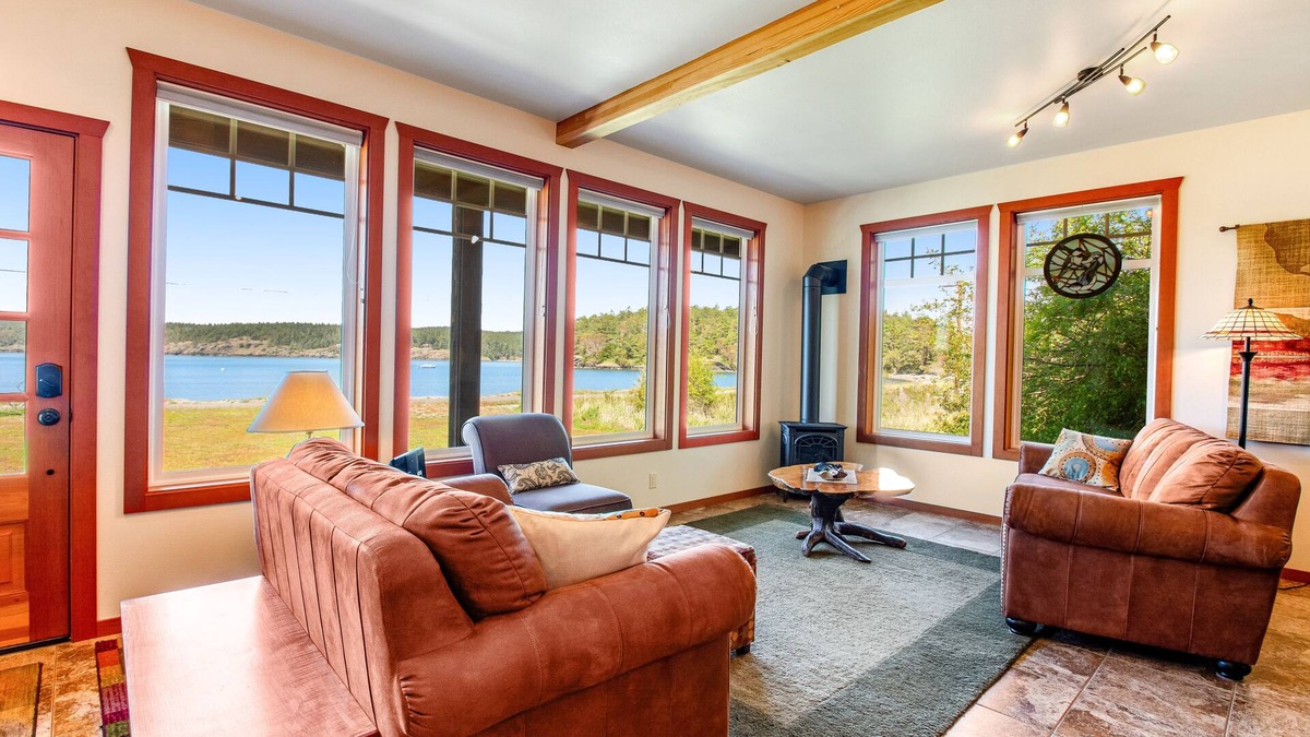 Lopez Island House | Bayfront home w/private beach, water/mountain views, gas grill, deck, gas stove
