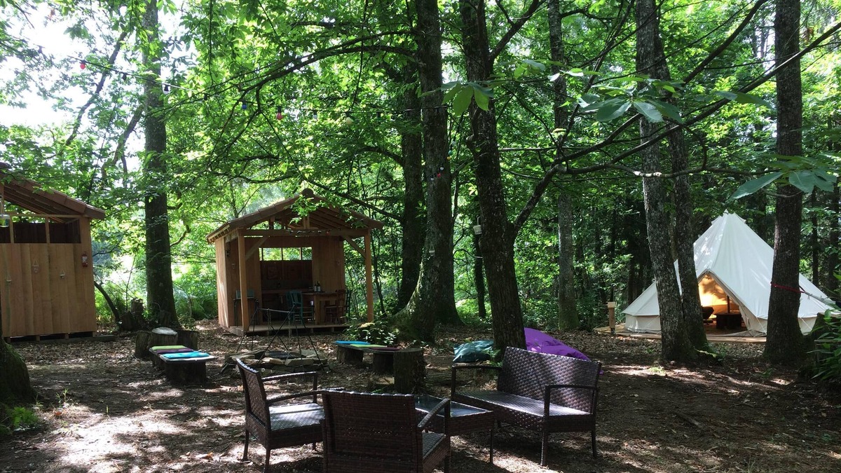 Mialet RV Rental | Bell Tent Glamping with heated pool, four tents let as one unit