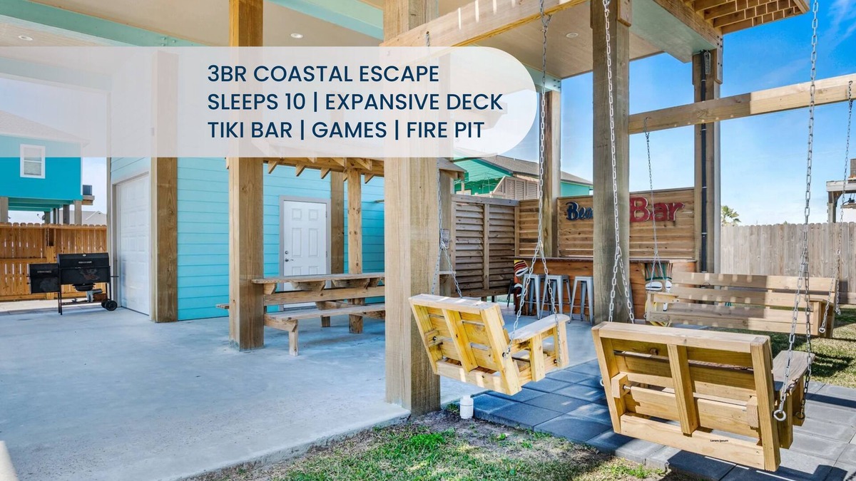 Galveston House | Coastal 3BR Retreat Sleeps 10 | Swing Deck, Tiki Bar, Grill & Fire Pit, Smart TVs & Pet-Friendly