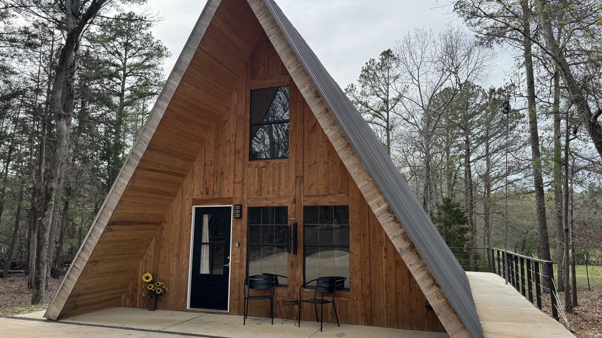 Lindale Cabin | Coyote Creek A-Frame Cabin with Firepit, Nature Trail, Games, Outside Activities