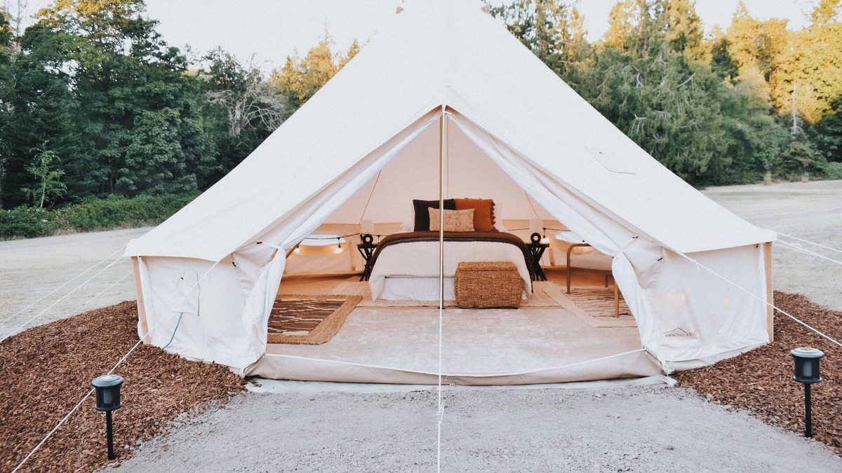 Nordland RV Rental | Cozy glamping tent on Marrowstone Island nestled in a breathtaking apple orchard