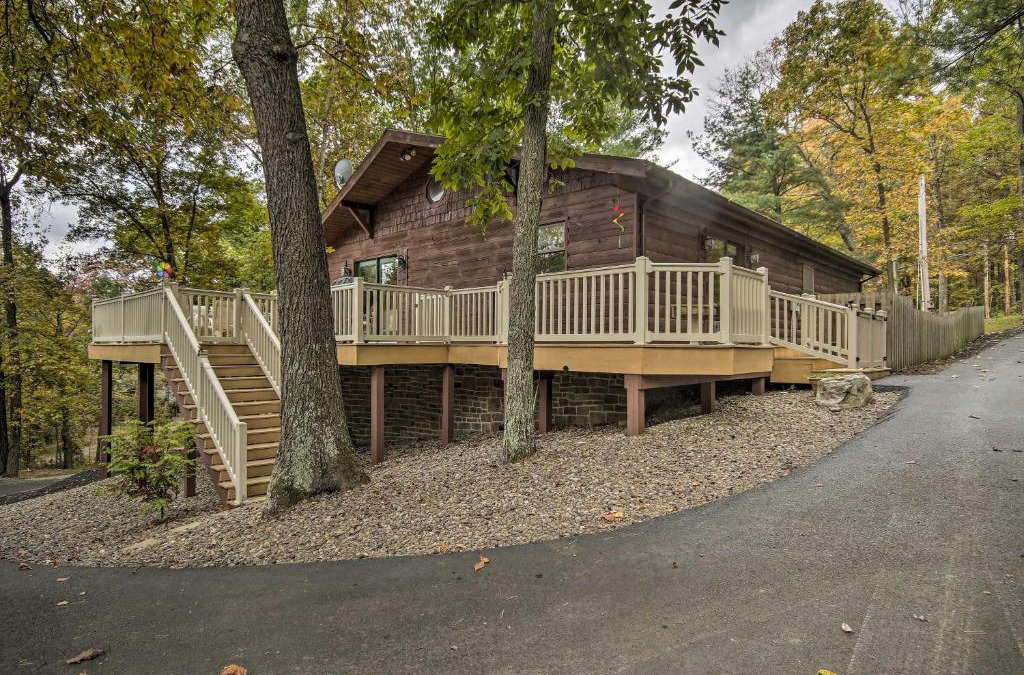 James Creek House | Deck with Private Hot Tub Lakefront Raystown Cabin!