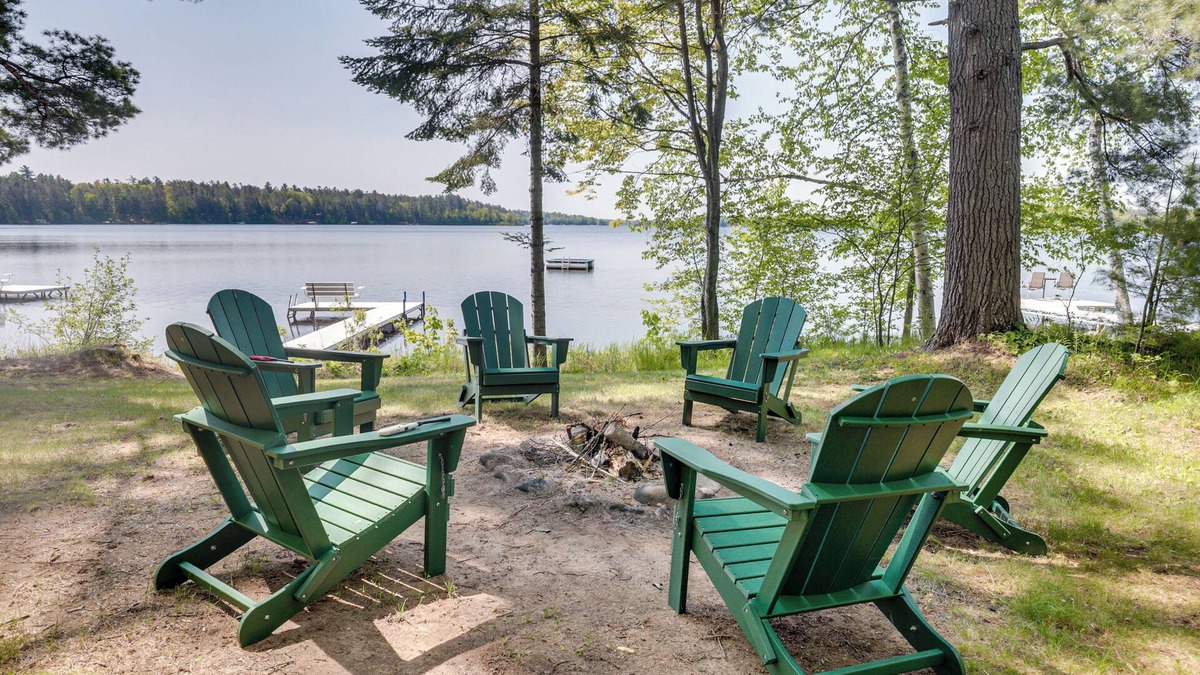 Lac du Flambeau House | Dock + Fire Pit: ‘Sweet Serenity’ on Amber Lake