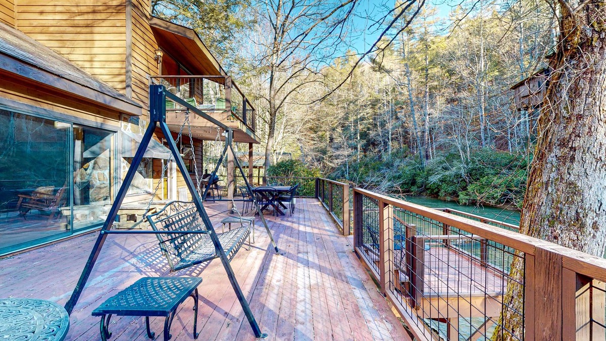 Ellijay Cabin | Dog-friendly, riverfront retreat with game room, washer/dryer, wraparound deck
