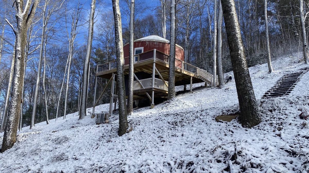 Piper Gap Cabin | Elevated eclectic yurt with wrap-around porch, hot tub, and mountain view!