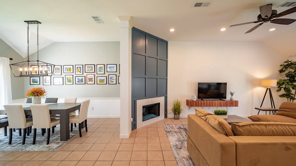 Manvel House | Entire Modern 3br house with glass fireplace and patio.