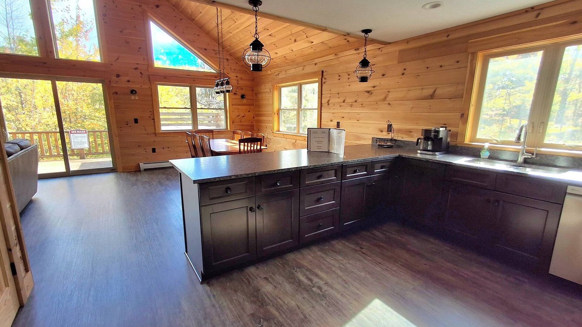 Carrabassett Valley Cabin | Gorgeous dog-friendly cabin with great view, deck, hot tub, & gas fireplace