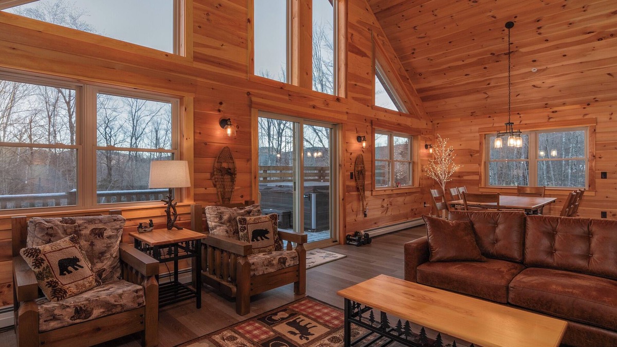 Carrabassett Valley Cabin | Gorgeous dog-friendly cabin with great view, deck, hot tub, & gas fireplace