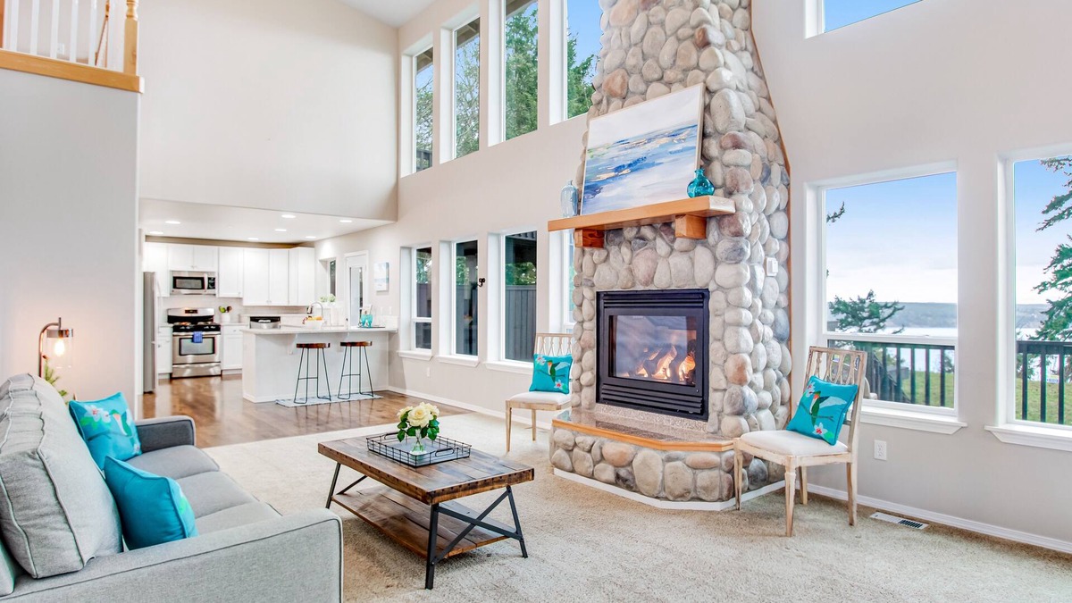 Camano Island House | Gorgeous home with gas fireplace & enormous deck + mountain & water views