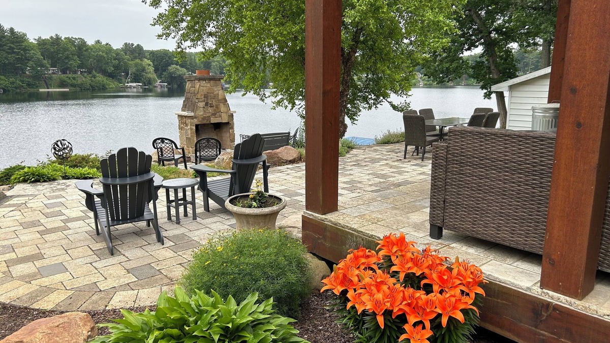 Newaygo House | Gorgeous waterfront 4-BR home with adorable Tiny House and pickleball court!