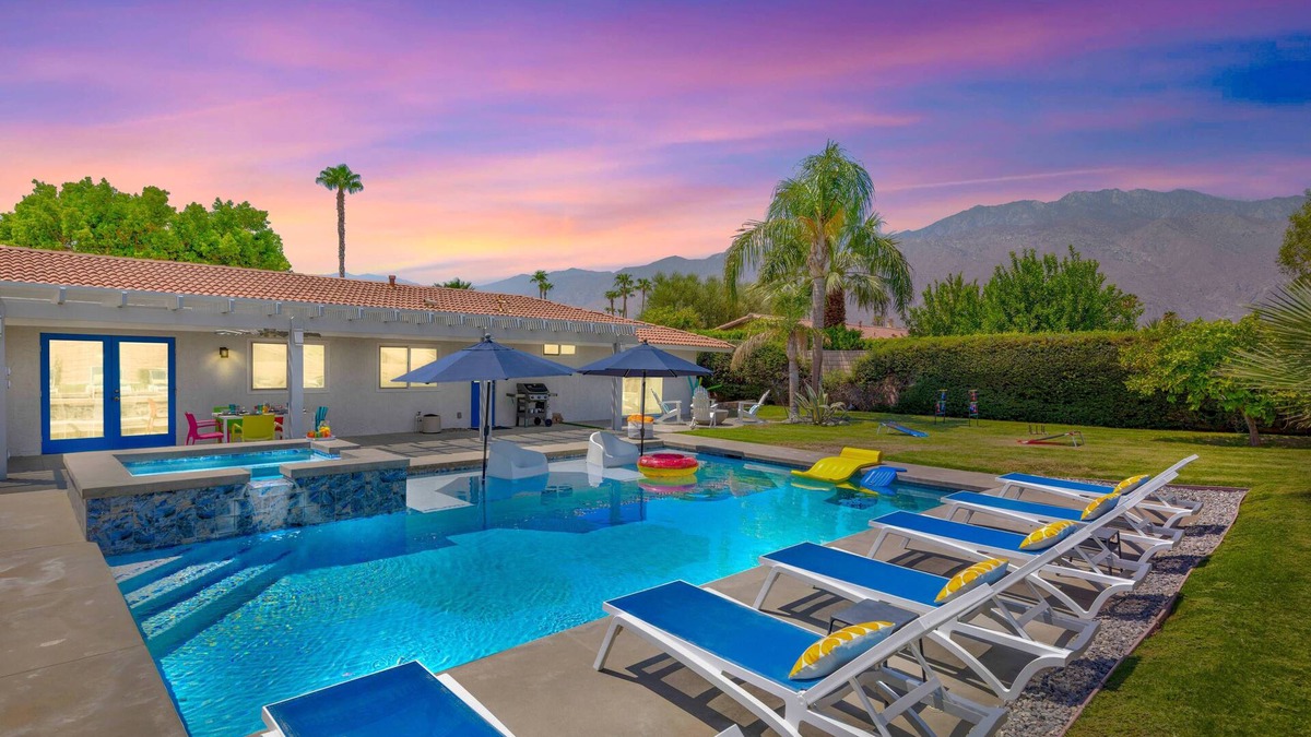 Palm Springs House | Happy Tamarisk: All-New Saltwater Pool & Spa | Fire Pit | Lawn | Stunning Mountain Views
