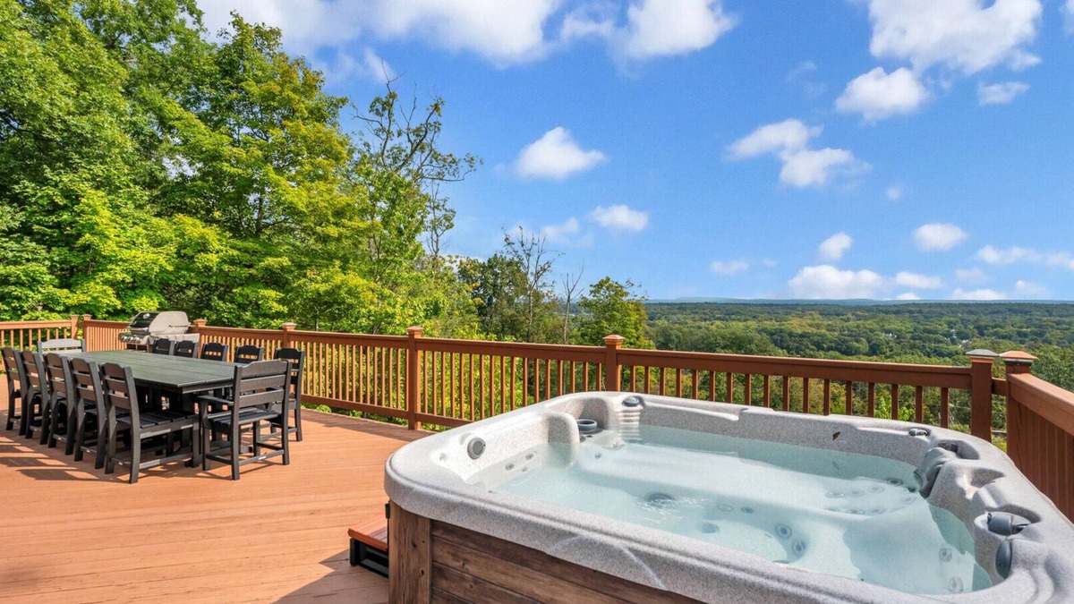 Mount Marion House | Hilltop A-frame chalet, skyline views, heated pool and hot tub, expansive.