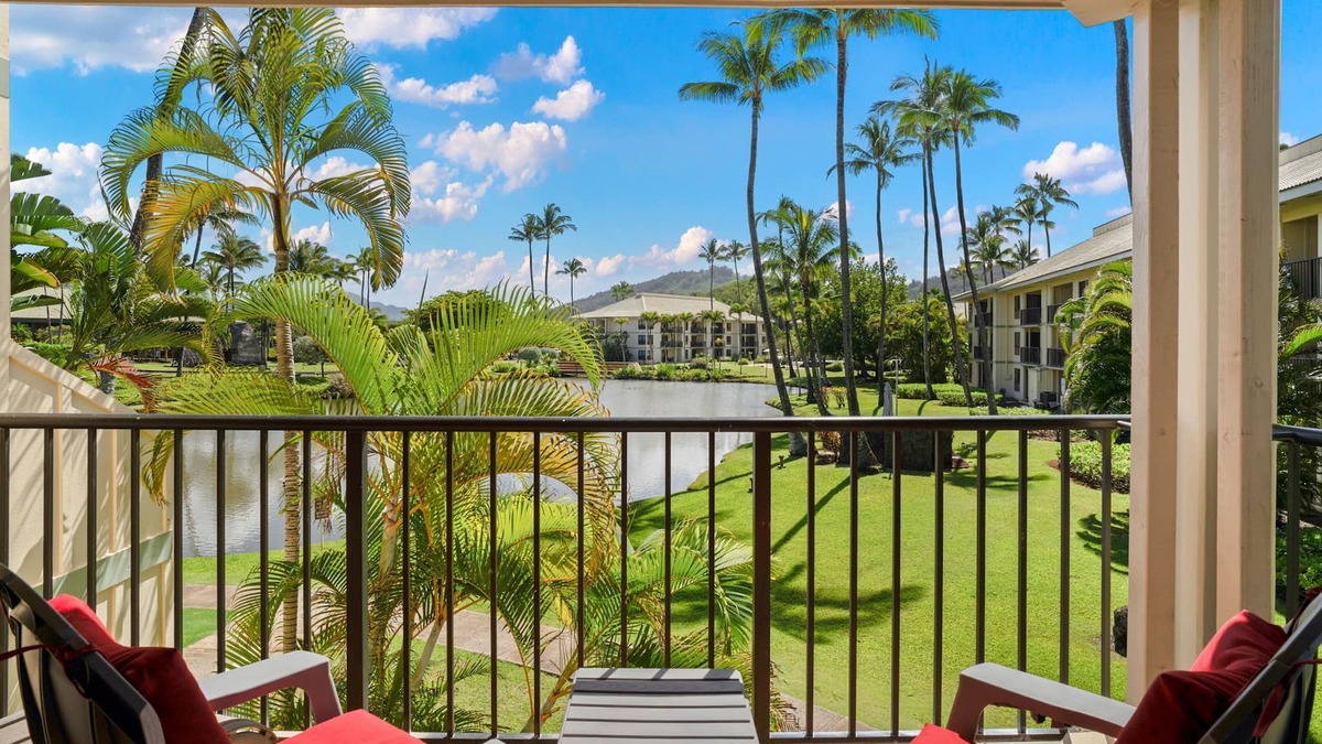 Hanamaulu Condo | Kauai Beach Villas E-15 view the Freshwater Lagoon & Tropical Garden
