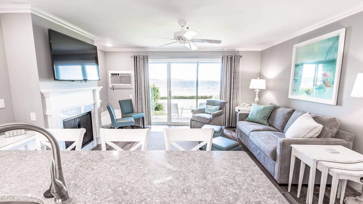Boyne City Condo | Lake Charlevoix Views | Private Patio | Steps to Sand & Shoreline |
