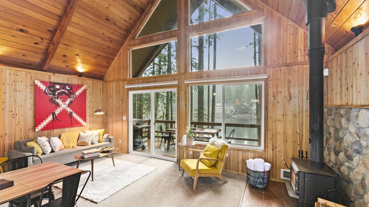 Mason County Cabin | Lakefront A-Frame Cabin with King Beds, Boat, Hot Tub