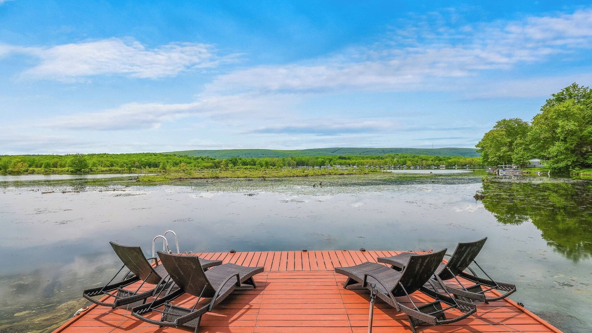 Lake Ariel House | Lakefront A-Frame | Hot Tub, Dock, Kayaks, Games, Fire Pit, Fireplace, Deck, Patio, Amazing Views
