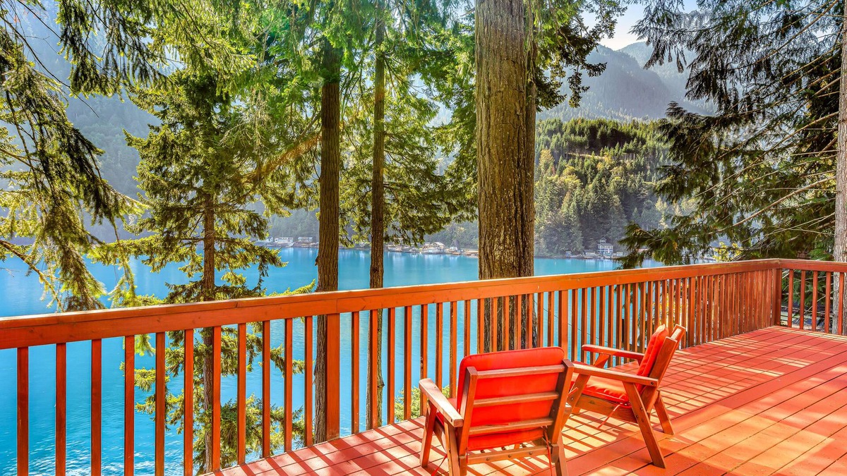 Port Angeles Cabin | Lakefront home with stunning views, private hot tub, dock & 2-story deck