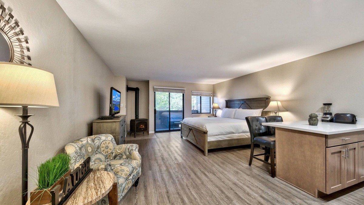 South Lake Tahoe Condo | Lakeland Village #107 Laugh & Love Updated Studio Fireplace AC Pools Hot Tubs