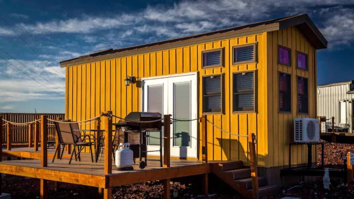 Apple Valley Cabin | Large tiny home with roof private roof top deck and BBQ.