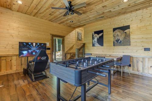 Aska House | Little Creek Cabin - Game Room with Media Space, Outdoor TV Lounge, Hot Tub + Firepit