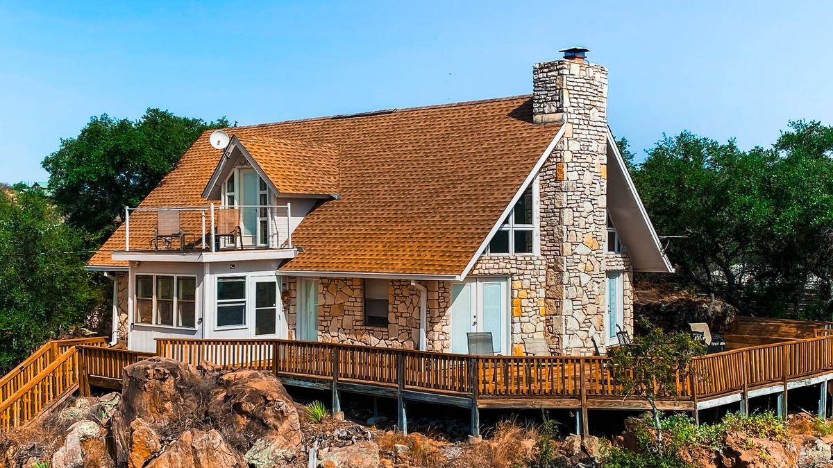 Buchanan Dam House | Lovely 2-story home with upper & lower decks, gorgeous lake & Hill Country views