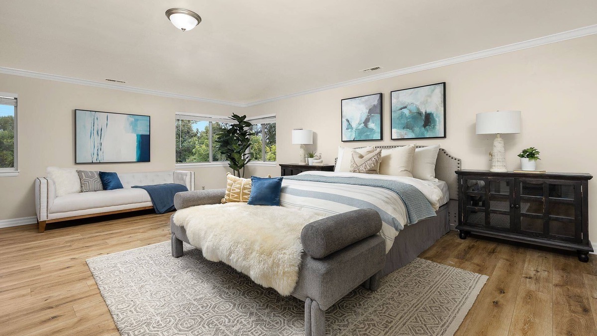 East Pasadena House | Luxurious large master bedroom with separate refrigerator coffee maker bathtub