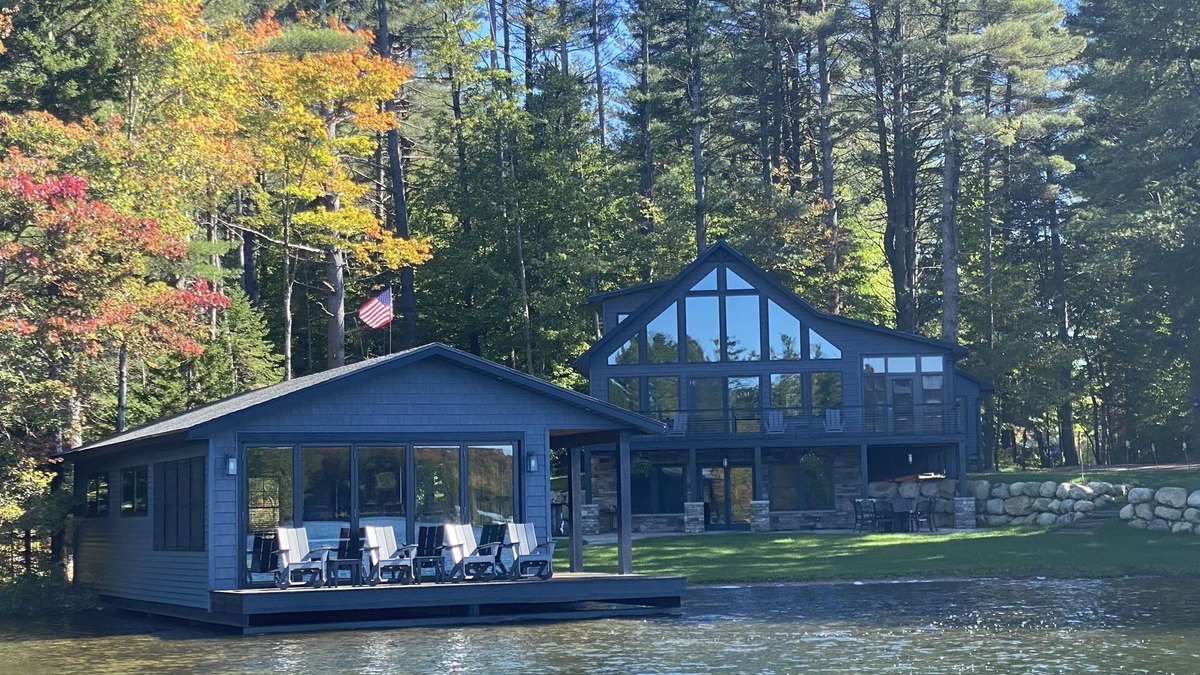Woodgate House | Luxurious/Modern Adirondack home with gorgeous boathouse, sandbar & sunset view