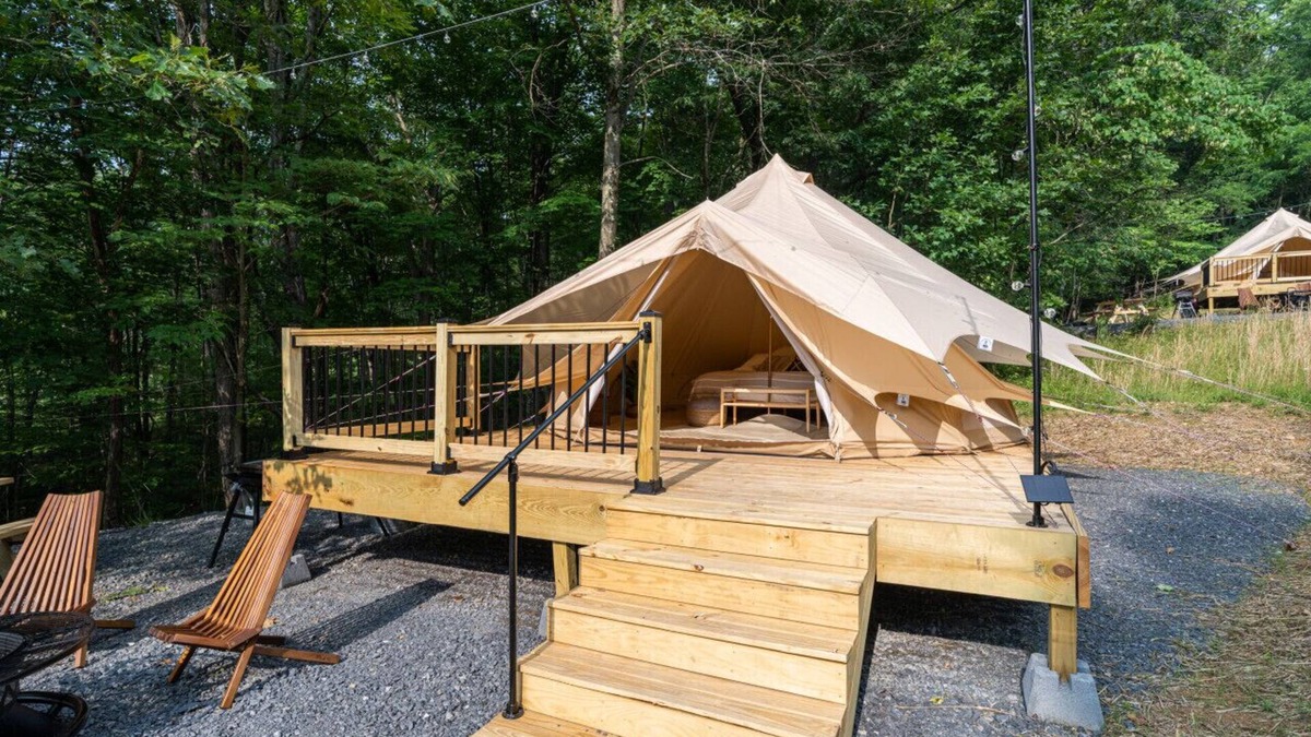 Great Cacapon RV Rental | Luxury Camping with King Bed - Greenbrier Tent