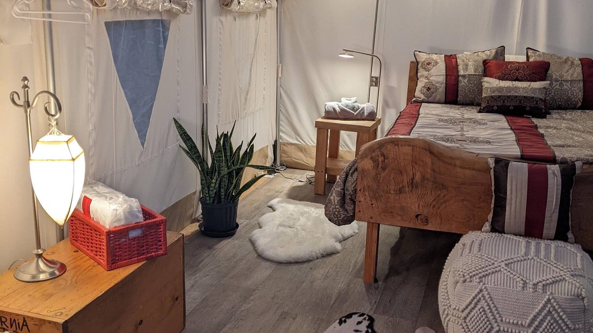 Sequim RV Rental | Madrona Glamping Tent with heater and fridge.