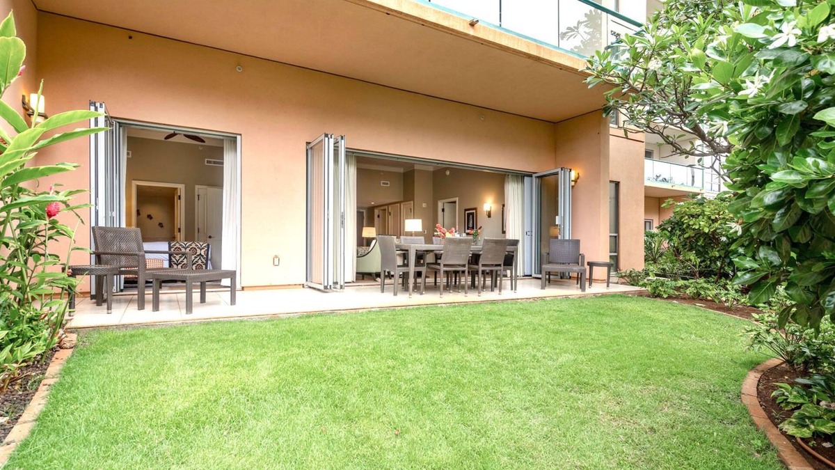 Kaanapali Condo | Maui Resort Rentals: Honua Kai Hokulani 112 – Super Quiet and Private Ground Floor 2BR, Easy Access to Pools, Beach, and BBQs, Large Lawn Area!