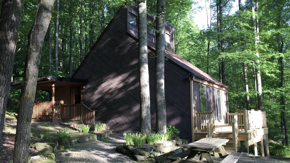 Stone Creek Cabin | Mid-century A-frame style cabin with lake views near the heart of Amish Country
