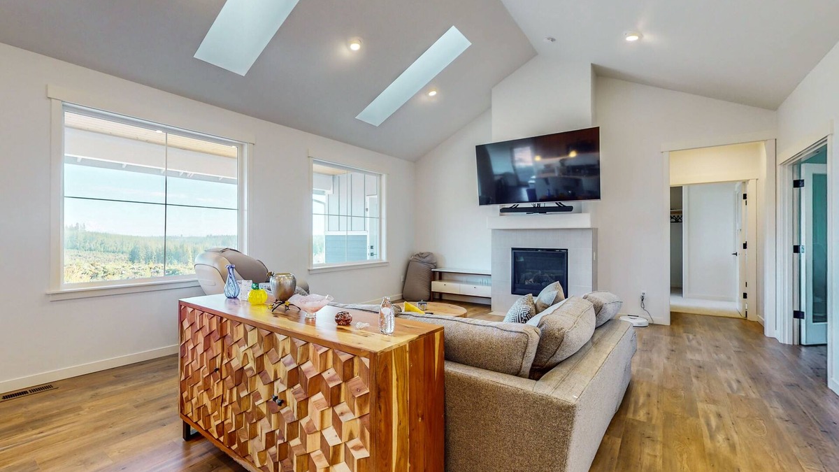 Union House | Modern home with fireplace, private patio, remote workspace, & golf nearby