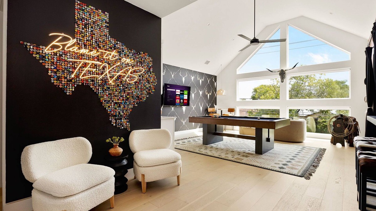 South Lamar House | Modern Luxe South Lamar Retreat with Heated Pool, Game Room, and Outdoor Theater