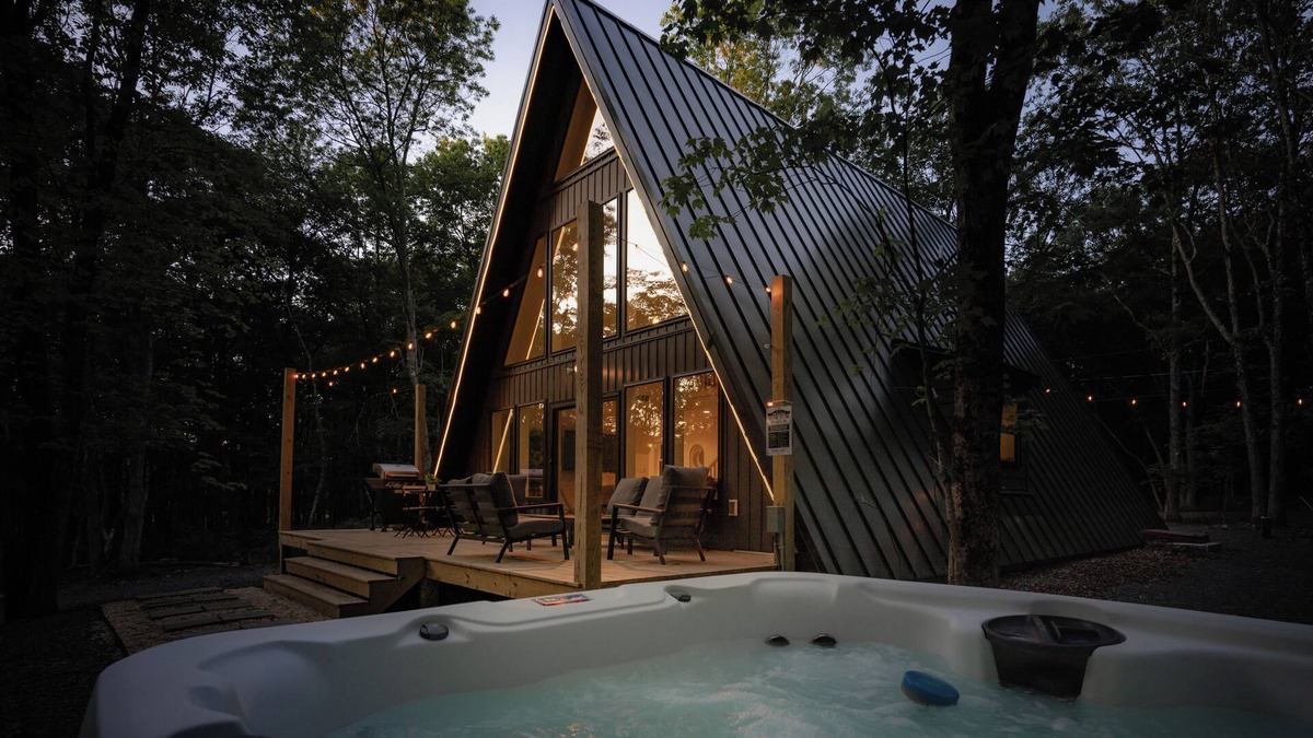 Albrightsville Cabin | Modern Luxury A-Frame in Woods w/Hot Tub, Sauna, Arcade, Gas Fireplace, Games