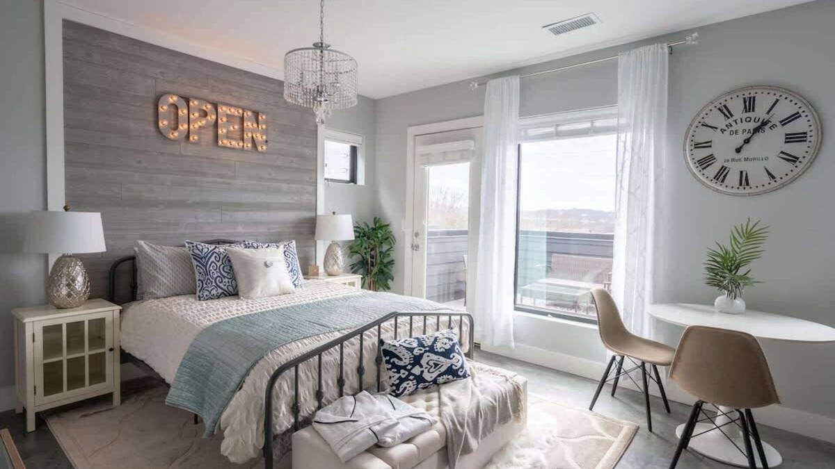 The Nations Apartment | Modern Studio with Private Deck in Nashville