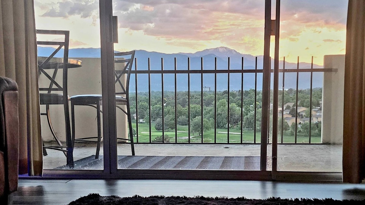 Southeast Colorado Springs Condo | Mountain Views! 2 bdrm, full home, 10th floor- 48ft balcony Pike's Peak sunsets!