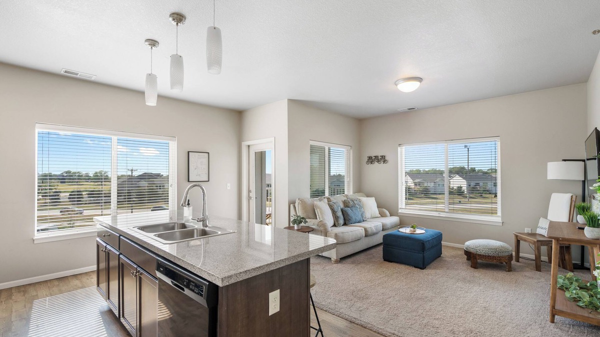 West Des Moines Apartment | Natural Light End Unit w/Private Balcony, Gym, Pool, Pickleball, Prime Location
