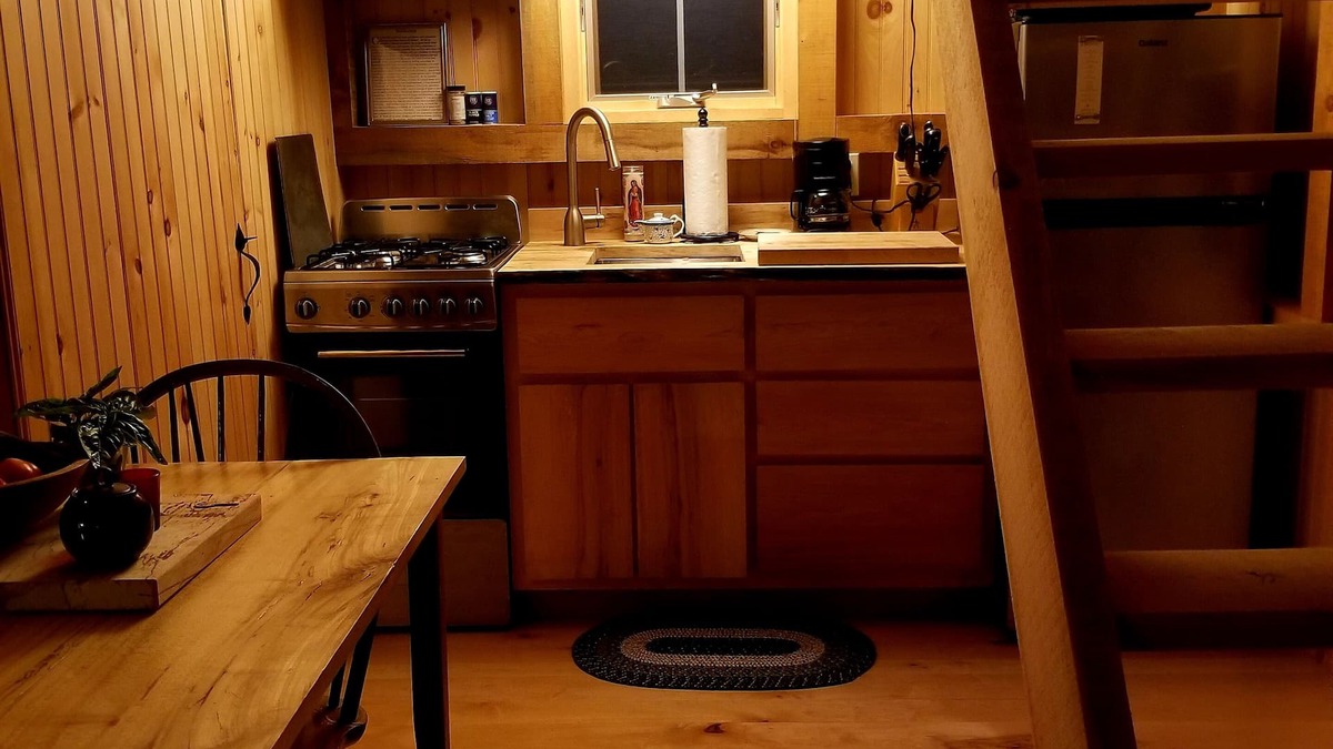 Craftsbury Cabin | Northwoods Guest Cabin and firepit & porch overlooking private woods and stream