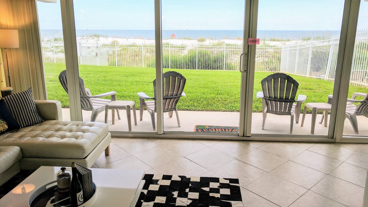 Jacksonville Beach Condo | Oceanfront Condo! Patio to lawn, stay right at the beach! + 2 Bikes!