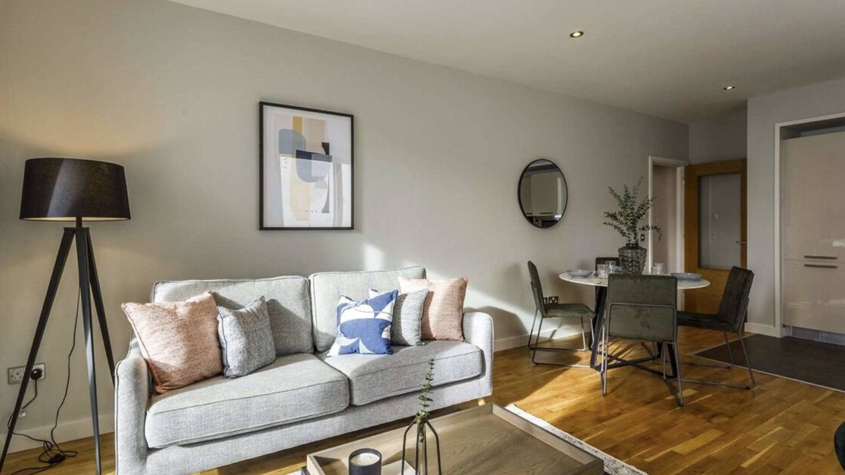 Dublin Apartment | One bedroom with a double bed, bathroom and kitchen with spacious living space.