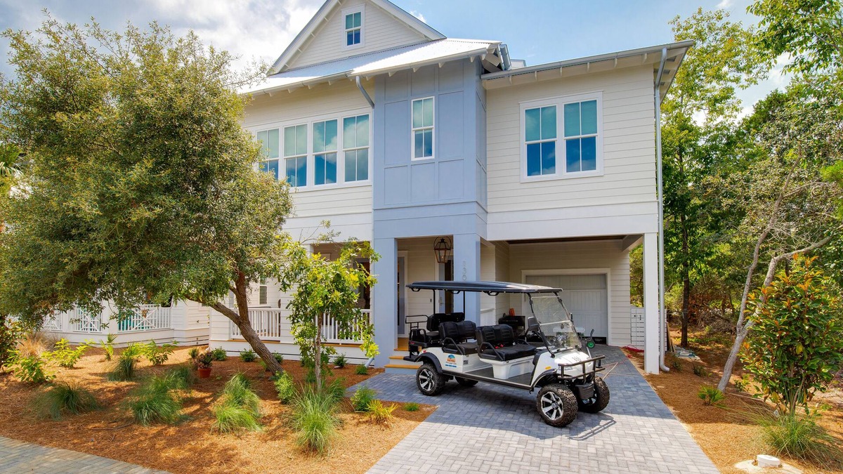 Lakeside at Blue Mountain Beach House | "Over the Moon" 30A Home Golf Cart Elevator Community Pool Blue Mountain Bch