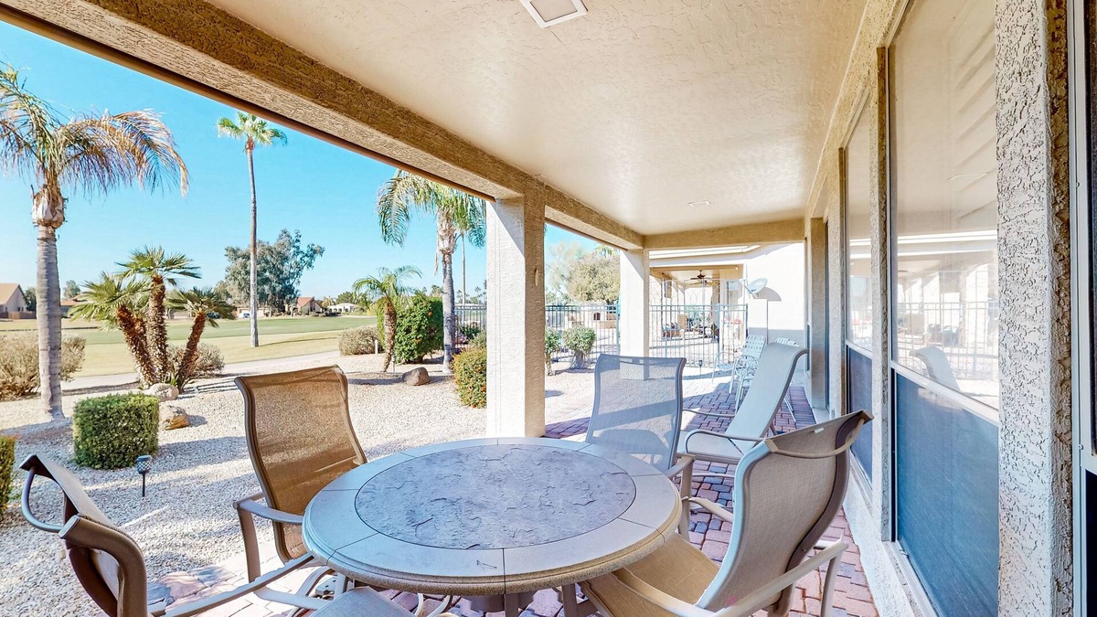 Oakwood House | Palm-lined home with pool access, grill, office & golf course views