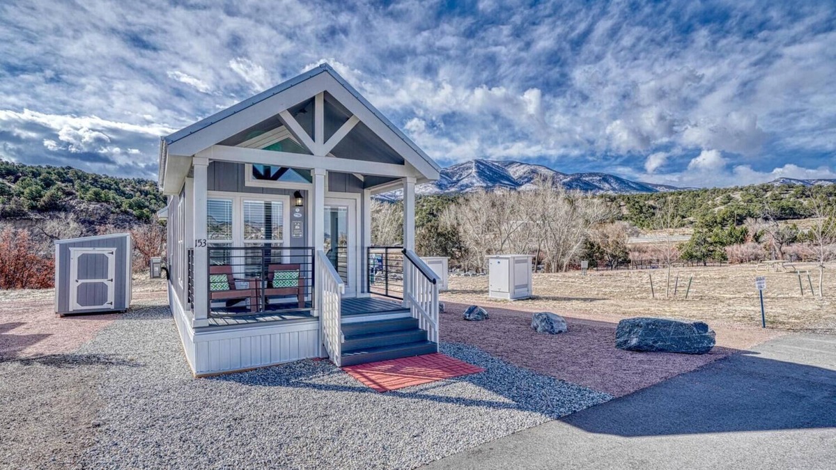 Salida Cabin | Park Model Cabin - Twin Loft - One queen bed in the private bedroom, with two twin beds in the open loft.
