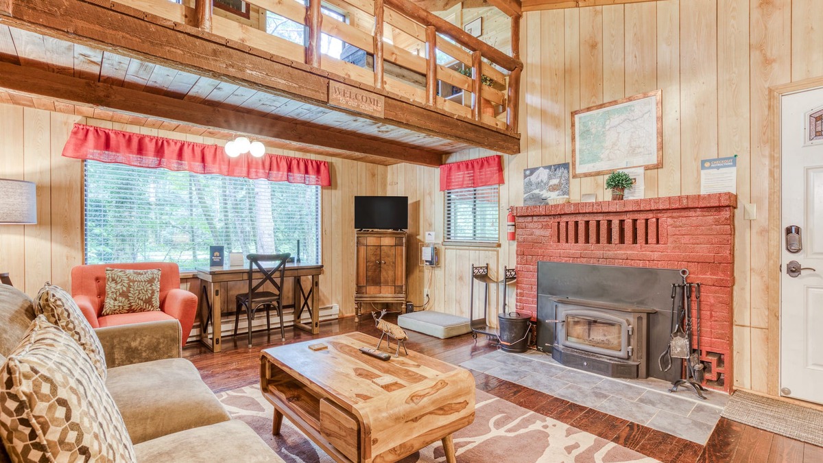 Mount Hood Village Cabin | Peaceful waterfront cabin with woodstove, spacious deck, & grill - dog friendly